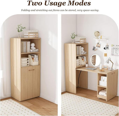 Fold Out Desk with Storage Shelves & Mobile Wheels, Convertible Pull-Out Murphy Desk for Small Spaces | Hidden Writing Computer Desks for Home Office, Apartment & Bedroom(Natural Wood)