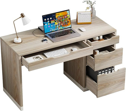 MaverickFurni 48 Inch Small Desk with Drawers, Computer Desk with Storage File Drawer for Bedroom, Office Desk with Storage for Small Space, Light Walnut