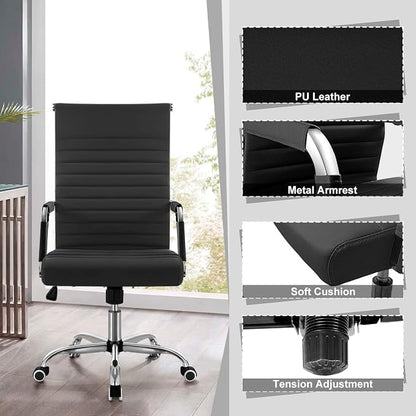Shahoo Ribbed Office Chair, Mid-Back PU Leather Office Chair Executive Task Chair with 360° Swivel Wheels for Conference Room, Home Offices (Black)