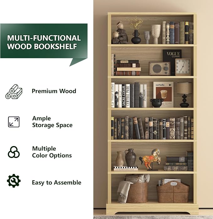TVU 6-Tier Wooden Bookshelf, 77.2" Tall Farmhouse Style Open Bookcase, 31.5" W Standing Book Shelf with Storage, Suitable for Study, Living Room, Office, Natural Wood Color
