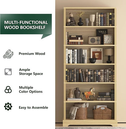TVU 6-Tier Wooden Bookshelf, 77.2" Tall Farmhouse Style Open Bookcase, 31.5" W Standing Book Shelf with Storage, Suitable for Study, Living Room, Office, Natural Wood Color