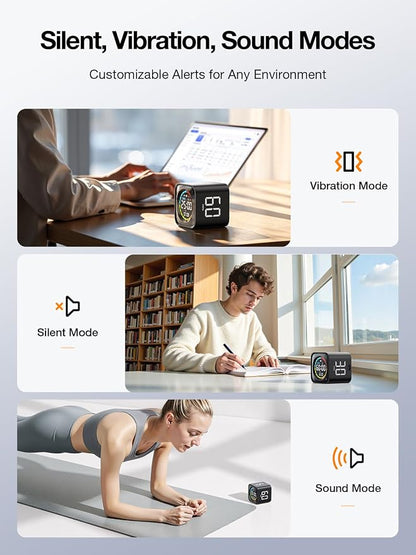 TK3 Pomodoro Timer Cube, Desk Productivity Timer with 5/10/30/60 Min Presets, Custom Countdown, Stopwatch, Clock, 3 Alarm, Silent, Vibrate & Sound Mode, for Task, ADHD, Study, Kitchen,Obsidian Black