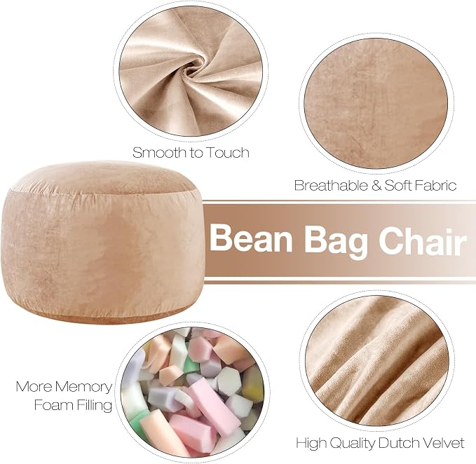 WhatsBedding 3 ft Bean Bag Chair,Large Bean Bag Chairs for Adults with Memory Foam Filling,Lazy Bean Bag Sofa for Living Room,Ultra Soft Velvet Fabric,Pull-Handle,Side-Pocket - 3 Foot,Camel