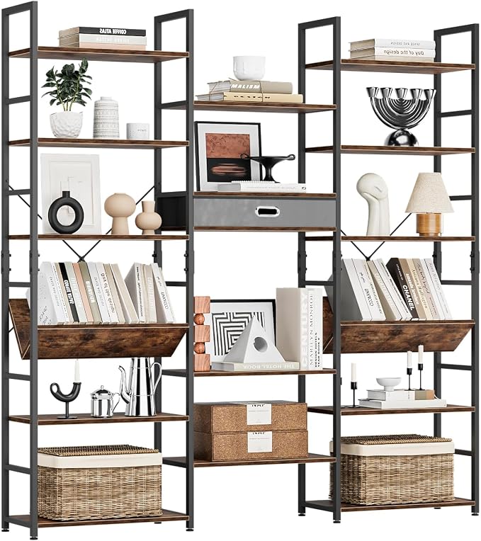 NUMENN Bookcases and Bookshelves Triple Wide 6 Tier Bookshelf, Large Etagere Bookshelf with Storage Drawer, Adjustable Open Display Shelves for Living Room Bedroom Home Office, Vintage