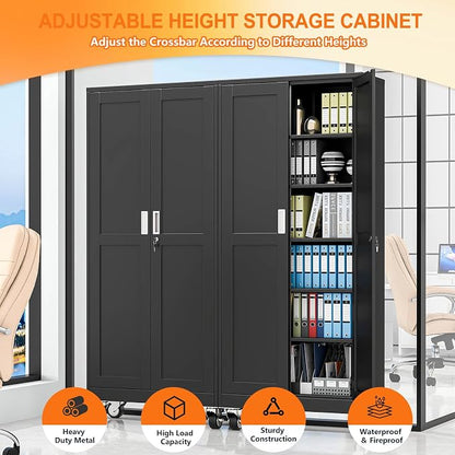 pozdeg 75" Metal Garage Storage Cabinets with Wheels, Lockable Rolling File Cabinets with 2 Doors and 5 Adjustable Shelves, Steel Tool Organizer Locker for Office Home Garage Gym School, Black