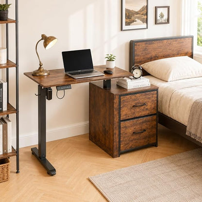 NORTHSKY Small Electric Standing Desk with Storage, 32 x 18 Inches Small Space Sit Stand Desk with Storage, Height Adjustable Computer Table, 3 Memory Preset, 1 Hook, Cable Management, Rustic Brown