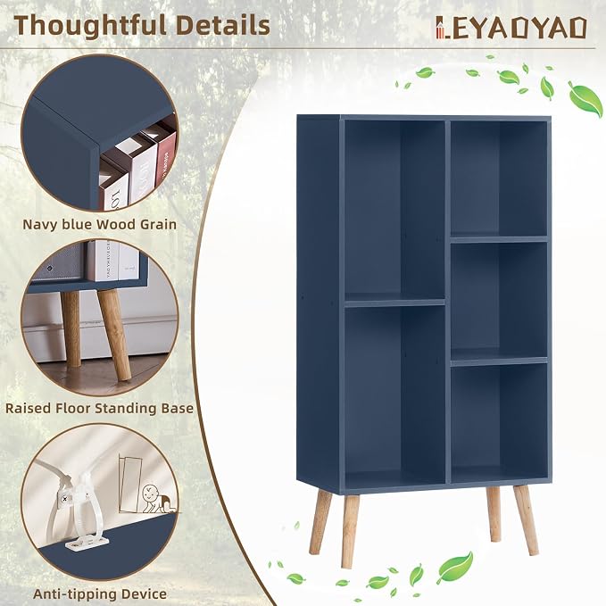 LEYAOYAO 5 Cube Bookshelf 3-Tier Bookcase with Legs,Mint Dark Blue Kids Book Shelf Cute Storage Organizer,Free Standing Open Toy Shelves Wood Bookshelves,Display Bookcases for Bedroom,Living Room