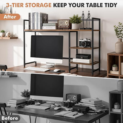 Desk Shelf, 21.46 Inch Wooden Desk Organizer with 3 Tiers, Rustic Monitor Stand & Storage Hutch for Home Office, Dorm, or Workspace