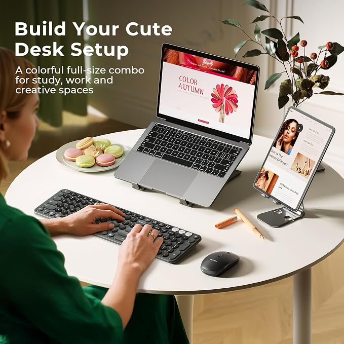 seenda Wireless Bluetooth Keyboard Mouse Combo, COE202 Retro Cute Round Keyboard, Silent Mouse, 3 Multi-Device Connection, Full Size Compatible for PC/Laptop/Mac/MacBook/iPad/Tablet, Black