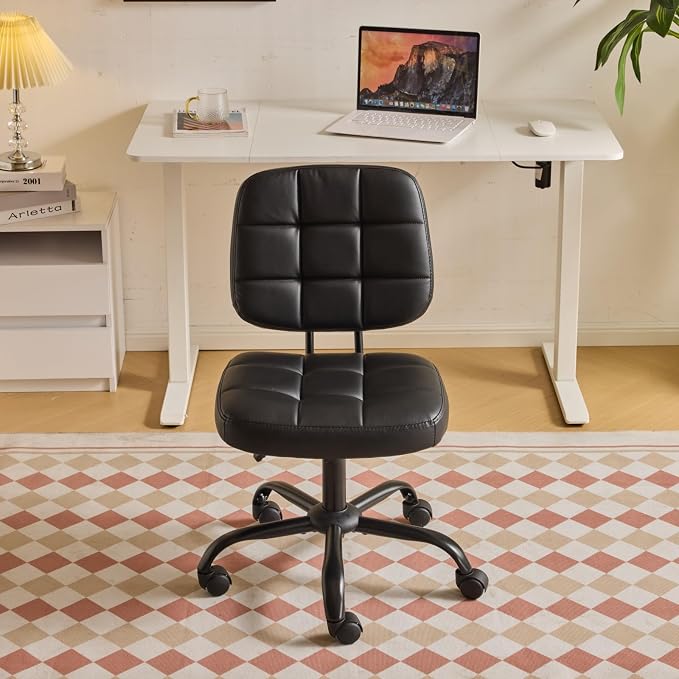 VINGLI Compact Small Desk Chair, Cute Armless Chair with Wheels, Vanity Chair with Low Back, Height Adjustable Task Chair for Small Spaces, Office, Bedroom, Make Up Room, PU Leather, Black