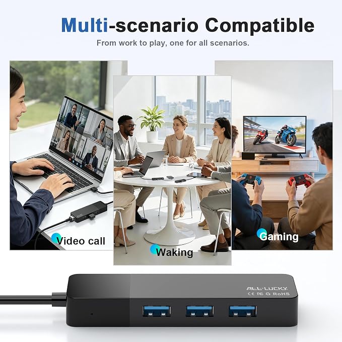 ALL-LUCKY USB Hub with Ethernet Adapter, 4-in-1 USB 3.0 Gigabit Network Hub (1000Mbps, 3×USB 3.0 + RJ45), Plug and Play for Laptop/PC/MacBook/Surface Pro/Dell XPS/HP, Windows/Mac OS/Chrome OS