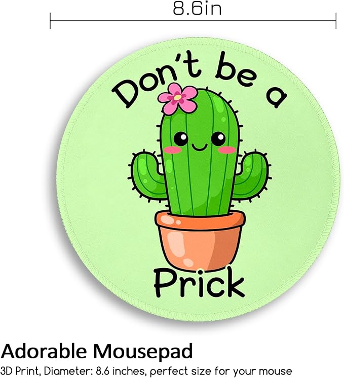 Funny Cactus Mouse Pad, Small Round Green Mouse Pads for Desk, Mini Travel Mousepad for Work Wireless Computer Laptop, Office Desk Accessories, Don't Be a Prick, 8.6 x 8.6 inch