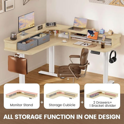 Flycity Electric L Shaped Standing Desk with Drawers, 63" x 55" Corner Standing Desk Adjustable Height, Stand Up Home Office Desk, Dual Motor Sit Stand Desk with 3 Memory Preset & Lock, Maple