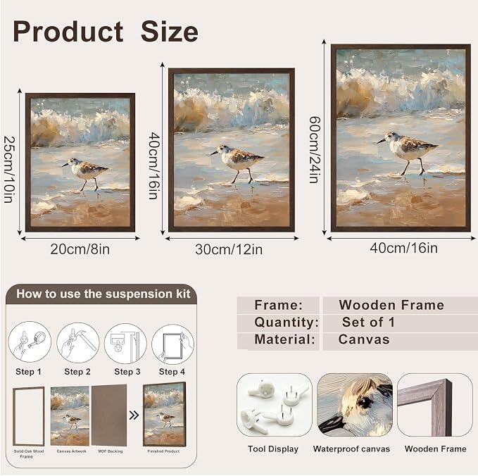 Vintage Framed Coastal Wall Art, Impressionist Sandpiper Bird Canvas Painting, Rustic Beach Ocean Wall Decor for Bathroom Bedroom Beach House 12x16 Inch