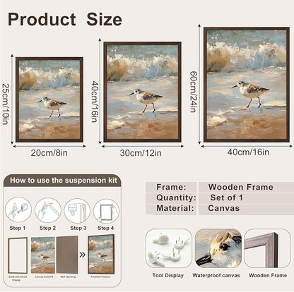 Vintage Framed Coastal Wall Art, Impressionist Sandpiper Bird Canvas Painting, Rustic Beach Ocean Wall Decor for Bathroom Bedroom Beach House 8x10 Inch