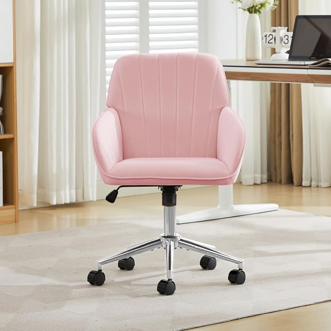 Velvet Home Office Desk Chair, Modern Cute Computer Task Chair with Back, Height Adjustable Upholstered Vanity Chair with Swivel Wheels for Women, Girls (Silver Base, Pink