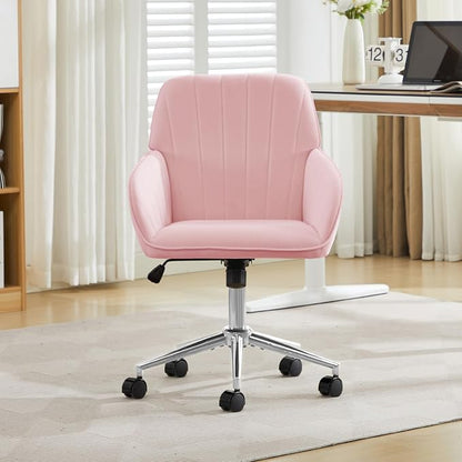 Velvet Home Office Desk Chair, Modern Cute Computer Task Chair with Back, Height Adjustable Upholstered Vanity Chair with Swivel Wheels for Women, Girls (Silver Base, Pink
