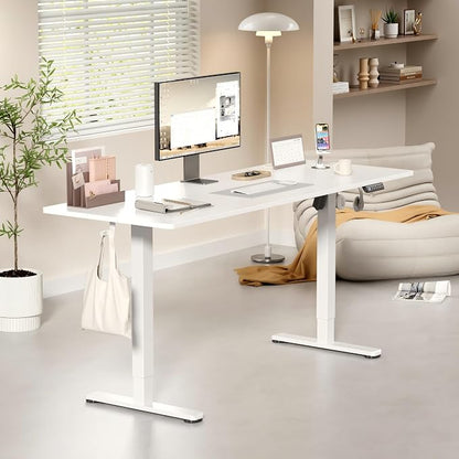 YESHOMY Height Adjustable Electric Standing Desk, 63 x 24 Inches Memory Home Office Sit Stand up Desk with Phone Holder and USB Charging Port, White