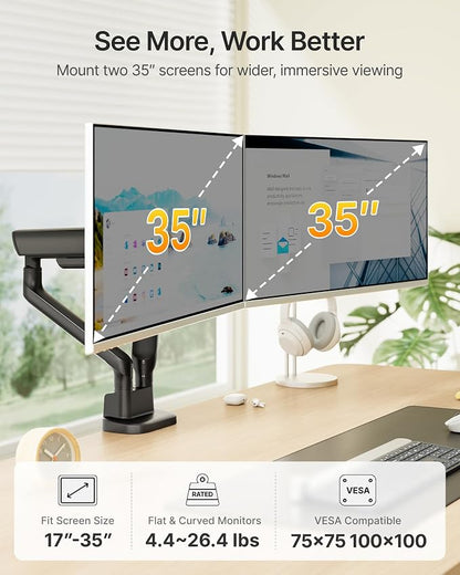 monTEK Mechanical Spring Dual Monitor Arm for 17 to 35" Screens, Aerospace-Grade Aluminum, C-Clamp and Grommet Stand Holding 26.4 lbs Per Arm, Perfect for Ergonomic Office Workspaces, VESA 75/100mm