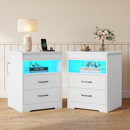 DICTAC Nightstand Set of 2 with Charging Station and LED Lights, Bedside Table with Lockable Sliding Desktop, Modern Night Stand with Storage Drawers and Open Shelf, End Table for Bedroom, Home Office