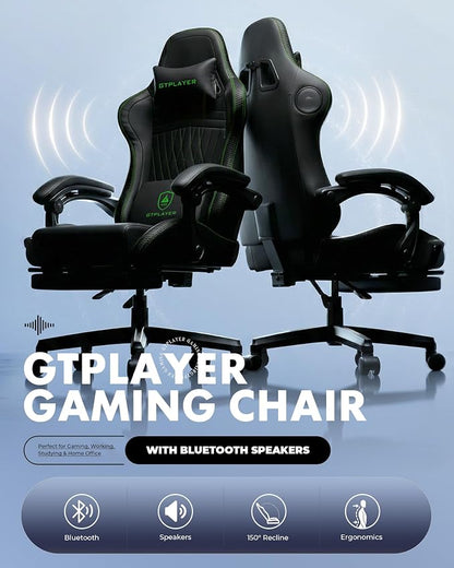 GTPLAYER Gaming Chair with Speakers, Video Game Chairs with Footrest, PC Gamer Chairs for Adults - Padded High Back Ergonomic Reclining Silla Gamer, Linkage Armrest, Ace Pro, Green