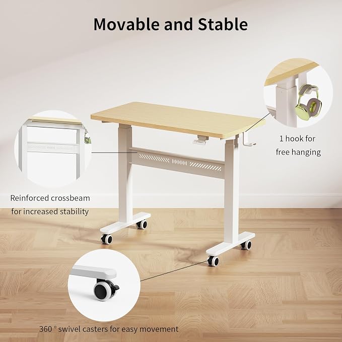 WALKINGDESK Mobile Walking Pad Desk with Wheels, Pneumatic Small Rolling Standing Desk Riser Height Adjustable (28-43.7") for Treadmill, Portable Computer Table for Home Office, Oak