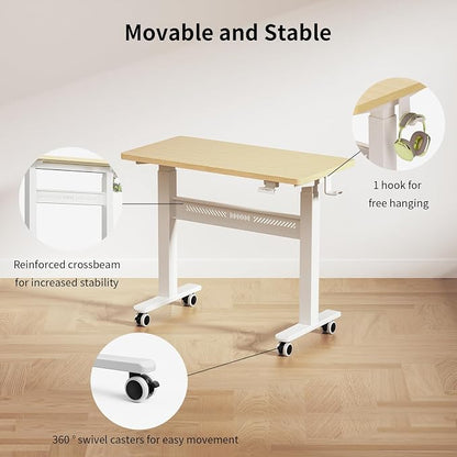 WALKINGDESK Mobile Walking Pad Desk with Wheels, Pneumatic Small Rolling Standing Desk Riser Height Adjustable (28-43.7") for Treadmill, Portable Computer Table for Home Office, Oak