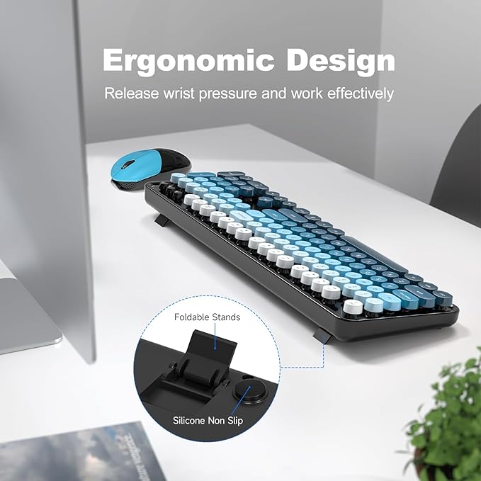 Wireless Keyboard and Mouse Combo, 2.4GHz Gradient Colorful Full-Size Retro Typewriter Keyboard with Wireless Mouse for PC/Desktop/Laptop/Windows (Black Blue)