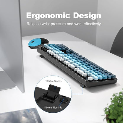 MOFII Wireless Keyboard and Mouse Combo, 2.4GHz Retro Typewriter Keyboard Full Size, Cute Wireless Mice, USB Dongle Plug and Play, for Laptop, PC, Desktop, Windows (Black Blue Gradient Color)