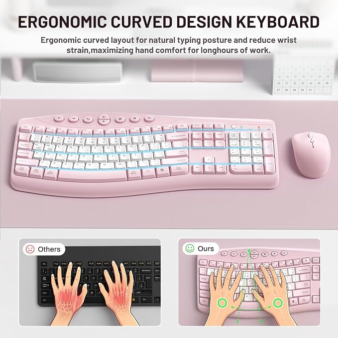 Wireless Keyboard and Mouse Combo,2.4G Full Size Ergonomic Curved Silent Keyboard with Fn Multimedia Keys for Office and Home, 3-DPI Quiet Mouse for Windows,Mac OS Desktop/Laptop/PC (Light Pink-B)