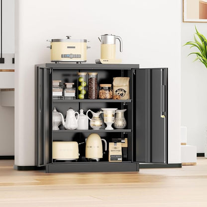 INTERGREAT Steel Storage Cabinet with Lock, Lockable Metal Storage Cabinets with 2 Adjustable Shelves, Black Counter Height Garage Cabinet