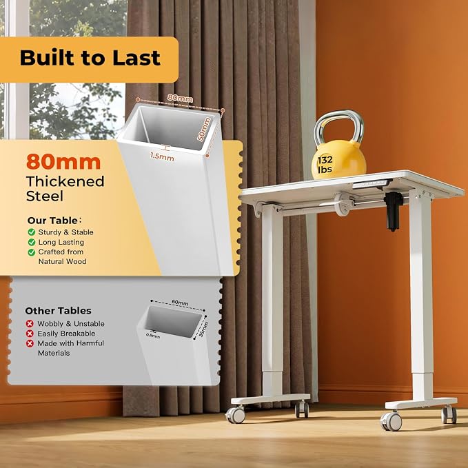 32inch Glass Standing Desk，90° Tiltable Mobile Rising Desk Height Adjustable，Whole Piece Rolling Sit Stand Table with Wheels，Foldable Small Laptop Desk，White