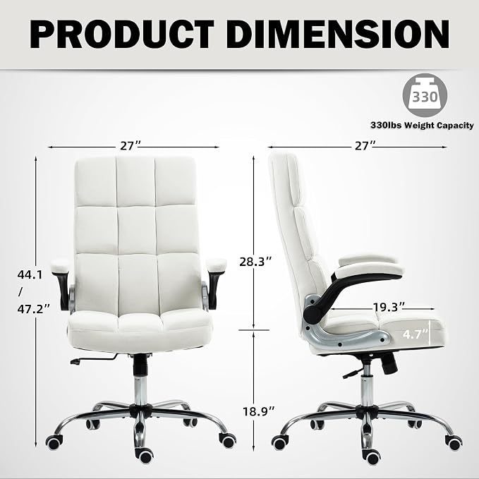ECOTOUGE Executive Office Chair, Velvet Ergonomic Comfy Desk Chair, High Back Computer Chair with Adjustable Tilt Angle and Flip-up Arms, Beige, Without Footrest