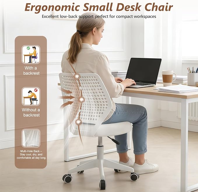 Small Office Chair with Wheels, Armless Desk Chair Height Adjustable Swivel Rolling Task Chair Breathable Mesh Ergonomic Computer Work Chair for Adult, White