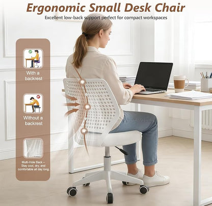 Small Office Chair with Wheels, Armless Desk Chair Height Adjustable Swivel Rolling Task Chair Breathable Mesh Ergonomic Computer Work Chair for Adult, White
