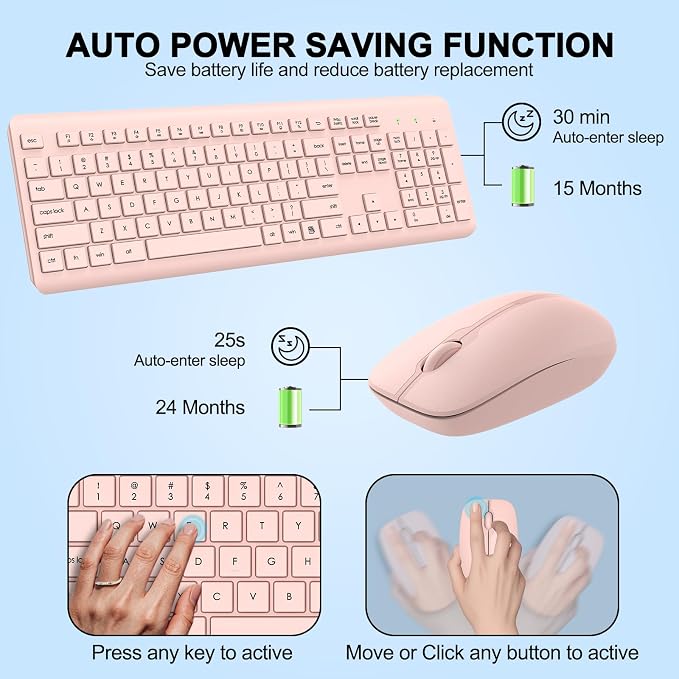 Wireless Keyboard and Mouse Combo, Full-Size Silent Ergonomic Keyboard and Optical Mouse, Long Battery Life, 2.4G Lag-Free Mice Keyboard for Computer, Mac, Laptop, PC, Windows(Pink)