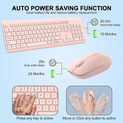 Wireless Keyboard and Mouse Combo, Full-Size Silent Ergonomic Keyboard and Optical Mouse, Long Battery Life, 2.4G Lag-Free Mice Keyboard for Computer, Mac, Laptop, PC, Windows(Pink)