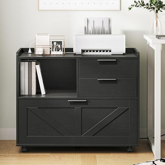 HOOBRO Lateral File Cabinet, Wooden Office Storage Drawers with Charging Station, Filing Cabinet for Home Office, A4/Letter/Legal-Sized Files, Printer Stand with Open Storage Spaces, Black BB37UWJ01