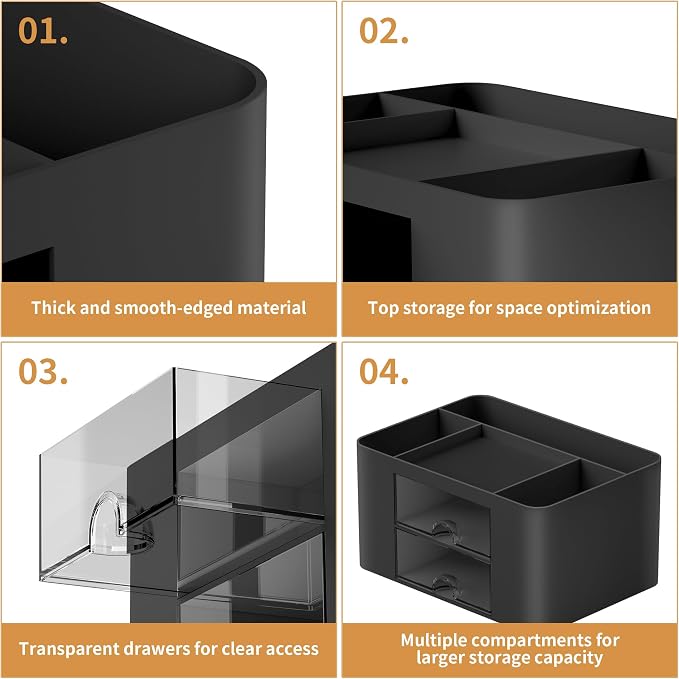 Marbrasse Pen Organizer with 2 Drawer, Multi-Functional Pencil Holder for Desk, Desk Organizers and Accessories with 5 Compartments + Drawer for Office Art Supplies (Black)