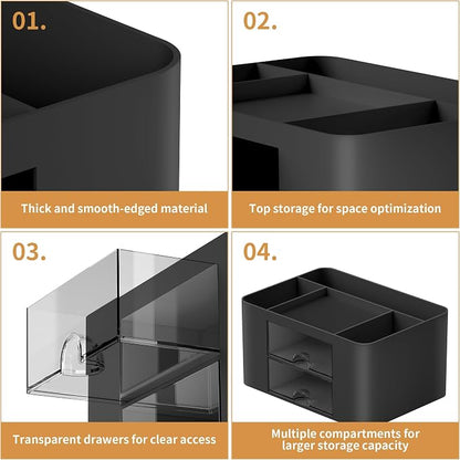 Marbrasse Pen Organizer with 2 Drawer, Multi-Functional Pencil Holder for Desk, Desk Organizers and Accessories with 5 Compartments + Drawer for Office Art Supplies (Black)