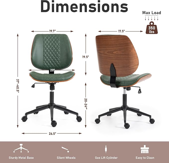 DYHOME Modern Walnut Home Office Chair with Wheels, Executive Office Desk Chair No Arms, Adjustable Height Small Desk Chair, Comfy PU, Deeper Cushion, Mid Back 360 Swivel Computer Chair, Green
