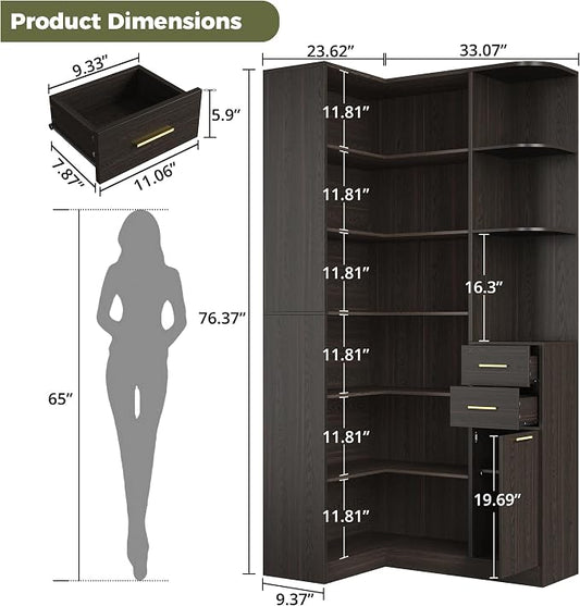 IRONCK Corner Bookshelf, 76" Tall Corner Bookshelves, 6 Tiers L-Shaped Bookcase with 10 Open Shelves and 2 Storage Drawers for Living Room or Home Office, Dark Brown