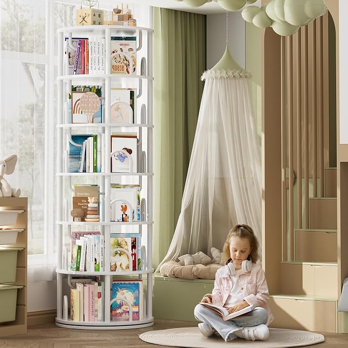 Aheaplus 6 Tier Rotating Bookshelf Tower, Revolving Bookcase, 360° Round Spinning Book Shelf, Narrow Swivel Bookshelves Vertical Rolling Turning Corner Bookshelf Organizer for Small Space, White