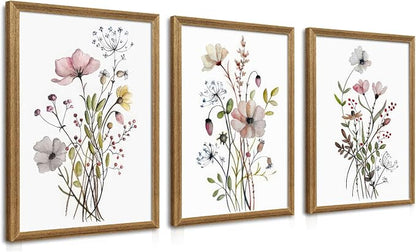 WRFON Framed Botanical Canvas Wall Art Set of 3, Watercolor Floral Prints, Framed Flower Wall Decor for Bedroom Bathroom Living Room, 12x16 Inch Each