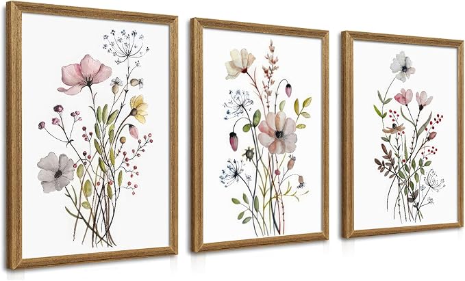 WRFON Framed Botanical Canvas Wall Art Set of 3, Watercolor Floral Prints, Framed Flower Wall Decor for Bedroom Bathroom Living Room, 16x24 Inch Each