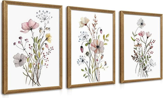 WRFON Framed Botanical Canvas Wall Art Set of 3, Watercolor Floral Prints, Framed Flower Wall Decor for Bedroom Bathroom Living Room, 16x24 Inch Each