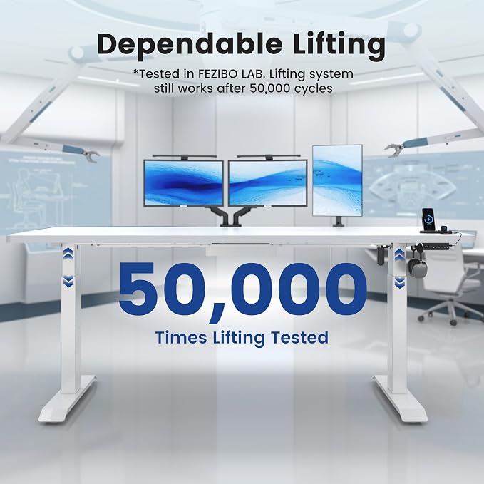 FEZIBO 71 x 37 Inch Standing Desk with Integrated Dual-Beam, Cable Management, 3 Memory Height Adjustable Computer Desk for Home Office Workstation, 1" Thick Large 3-Piece Desktop White