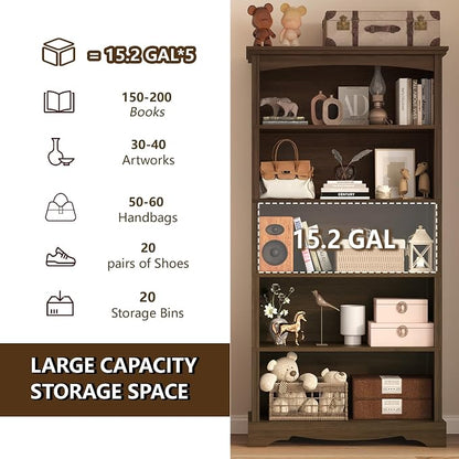 TVU 5-Tier Wooden Bookshelf, 31.5" W x 65" H ×9.9" D Bookshelf with Storage, Floor Standing Modern Style Display Bookcase for Living Room, Office, Study Room, Entryway, Brown