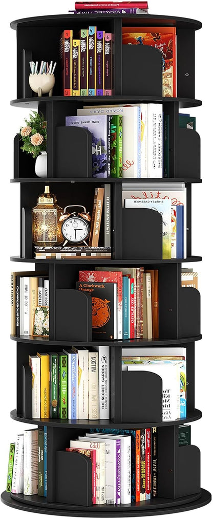 Besiost Rotating Bookshelf Tower, 6 Tier Spinning Bookcase, Revolving 360 Book Shelf Narrow Tall Bookcase, Vertical Turning Round Bookshelf Organizer, Wood Corner Bookshelf for Small Space, Black