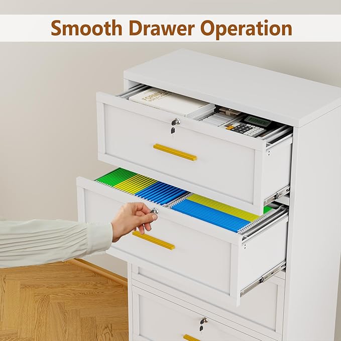 Metal Lateral File Cabinet with Lock,4 Drawer Steel Wide Filing Organization Storage Cabinets for Legal/Letter/A4/F4 Size with Hanging Files&Key,Lockable Printer Stand for Home Office, White
